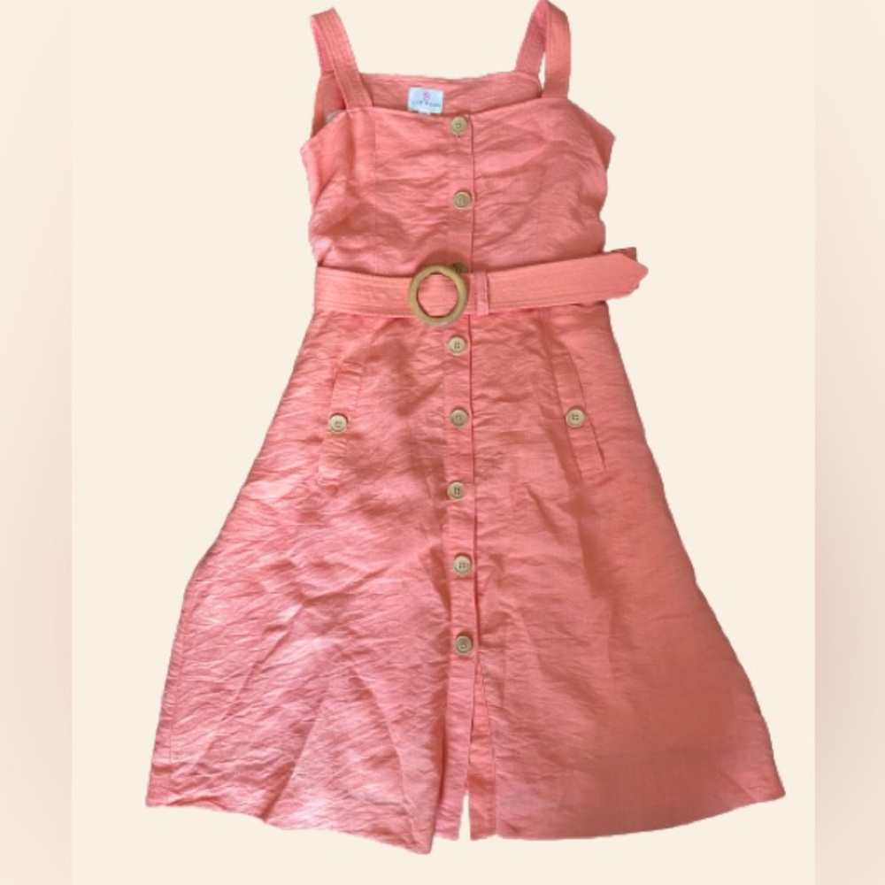 Julie Brown Pink Coral Midi Dress Womens Size 8 Belted Pockets Preppy Summer